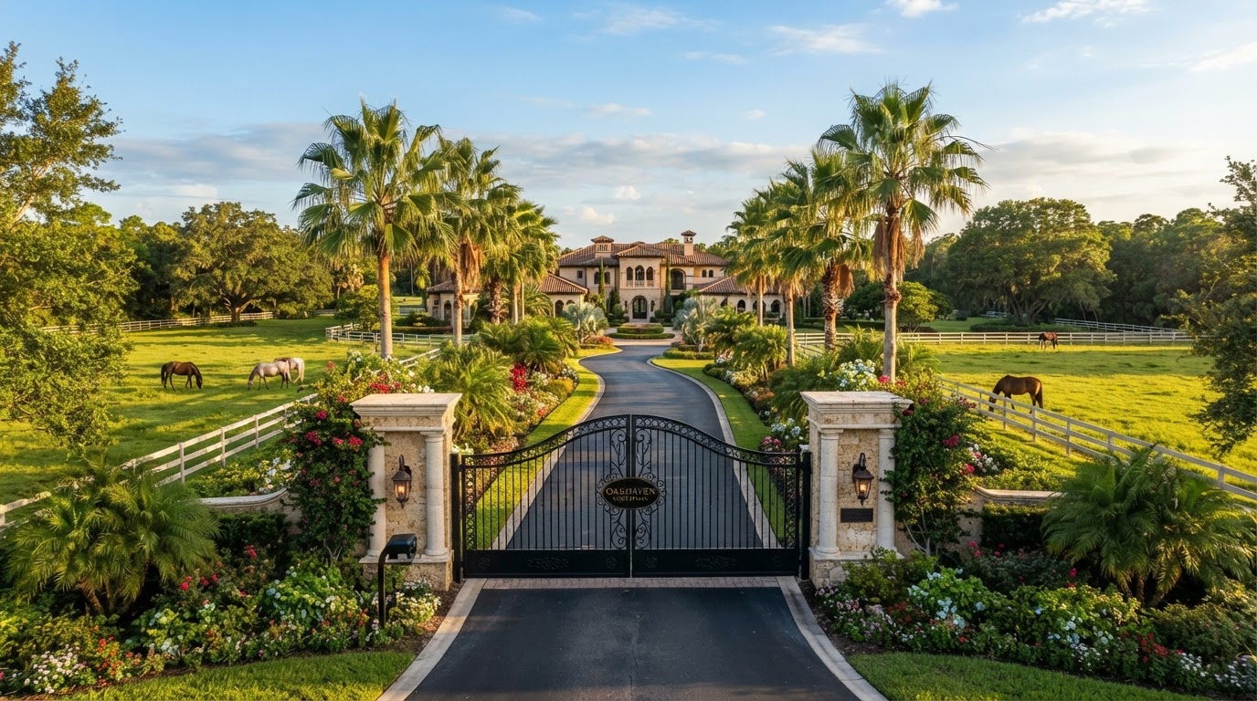 Regional rural estate landscape, gated driveway and pastures