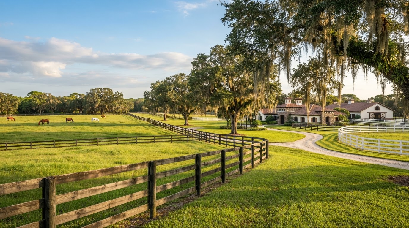 Regional equestrian countryside landscape, pastures and oak trees