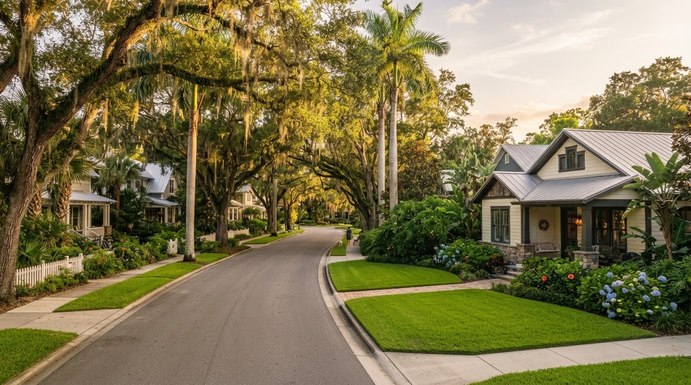 Regional residential landscape, quiet Florida village