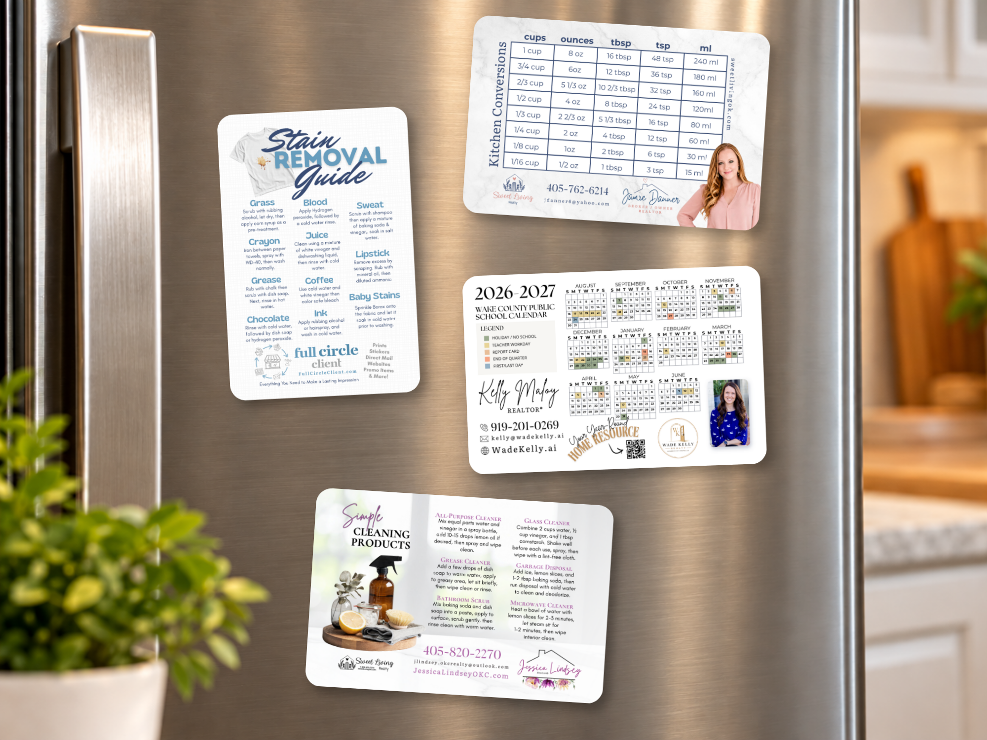 Personalized Realtor magnets on a stainless steel refrigerator