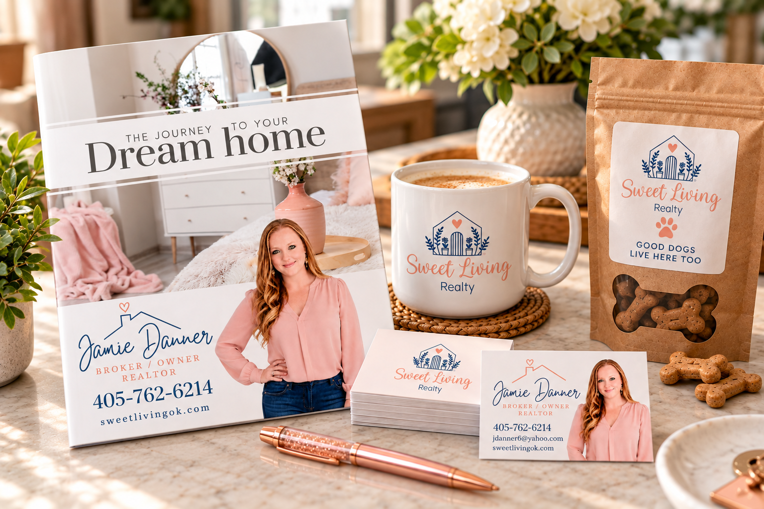 Sweet Living Realty branded marketing products including buyer's guide, coffee mug, business cards, and client gift bag