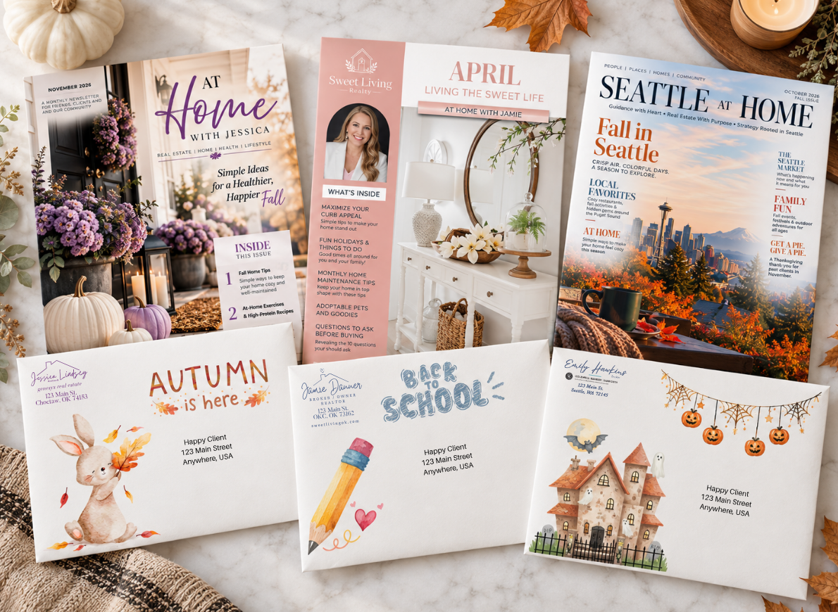 Three personalized Realtor newsletters with matching decorated mailing envelopes