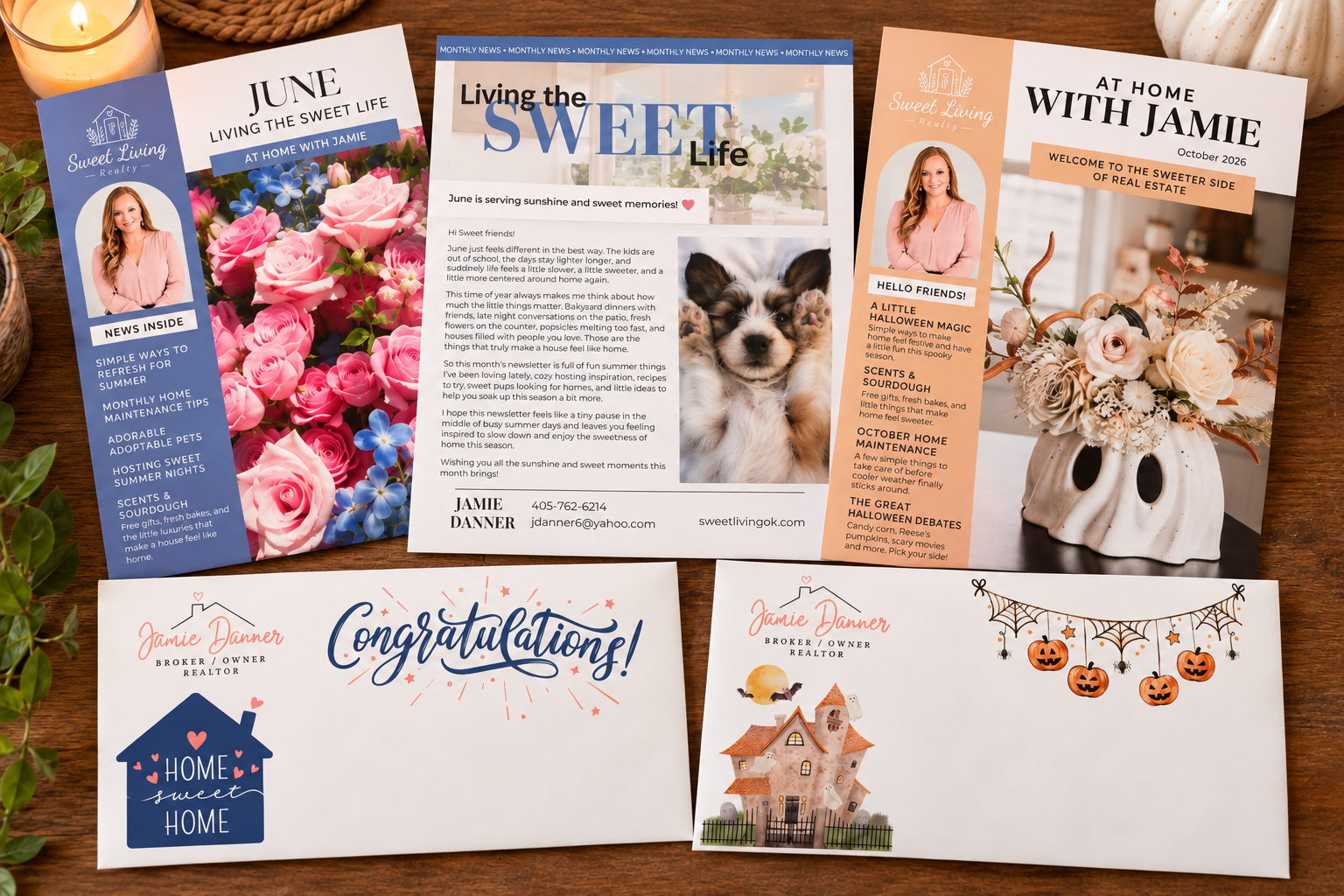 Sweet Living Realty custom monthly client newsletters with matching illustrated envelopes