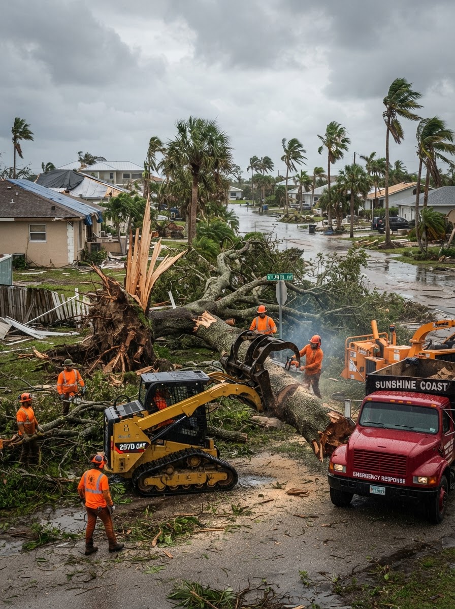 Explicit Land & Tree crew clearing a storm-downed tree