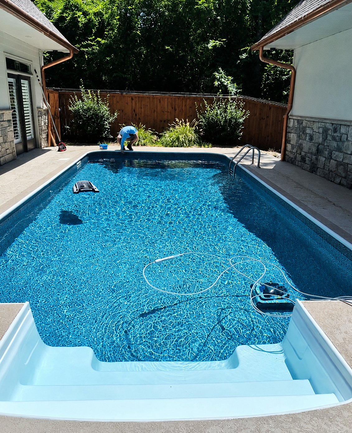 Sunny backyard pool cleaned with vacuum equipment and clear blue water