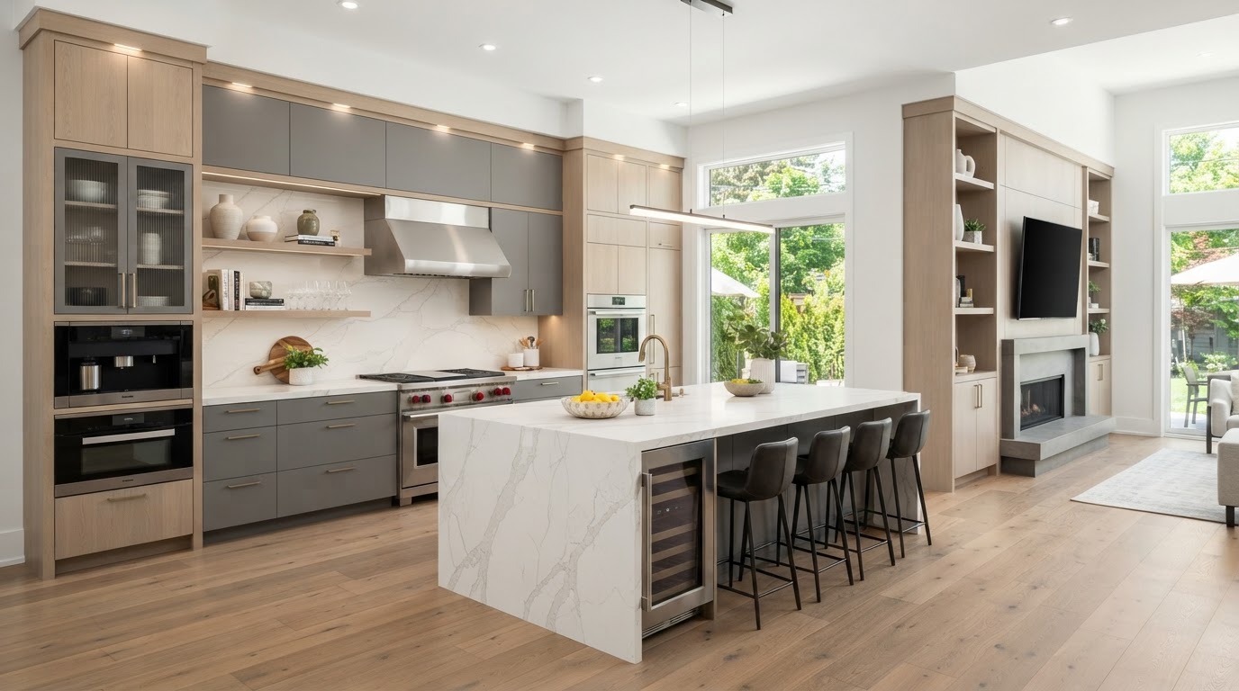 Beautifully completed custom kitchen with premium custom cabinetry, island and built-in millwork