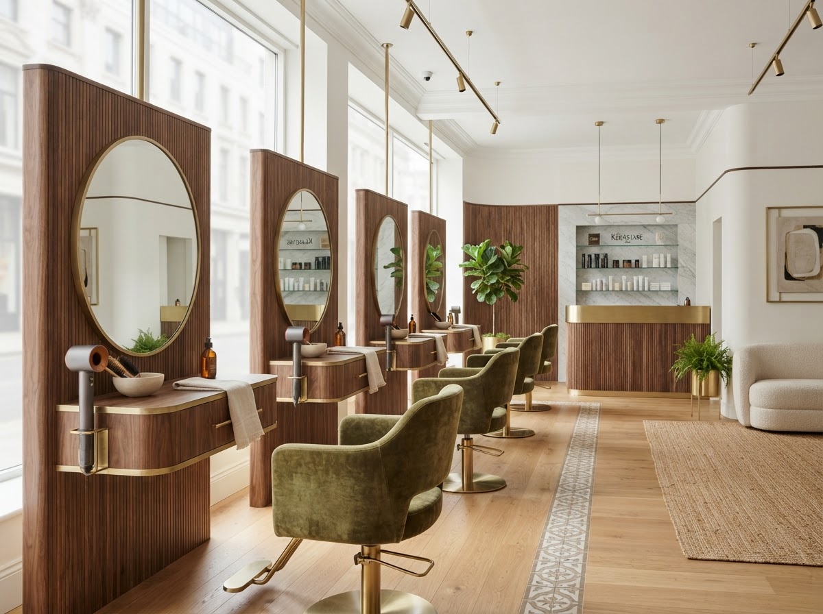 Bright modern hair salon interior with premium styling stations