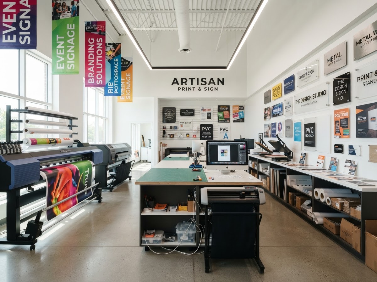 Bright premium print and sign shop interior with large format printers and signage