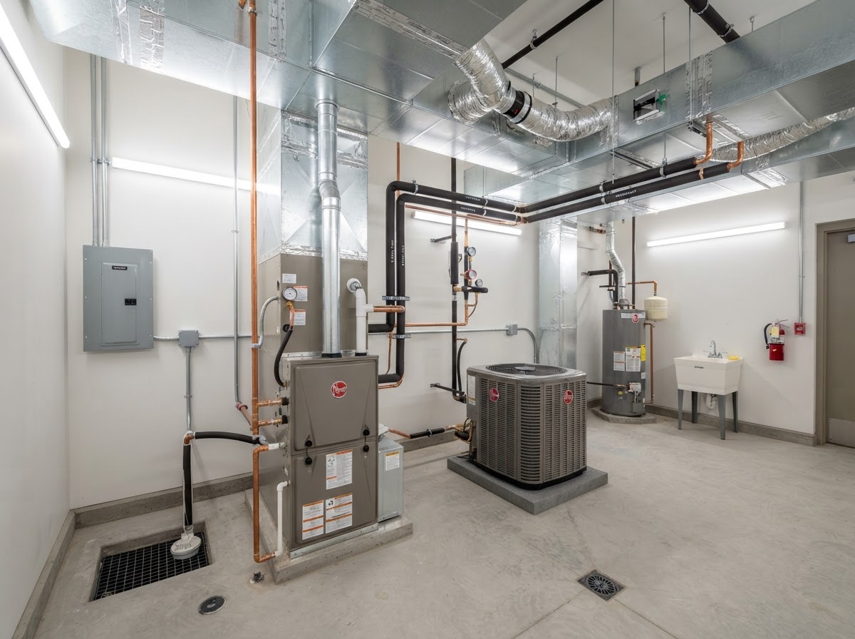 Bright modern HVAC mechanical room with a furnace and air conditioning unit