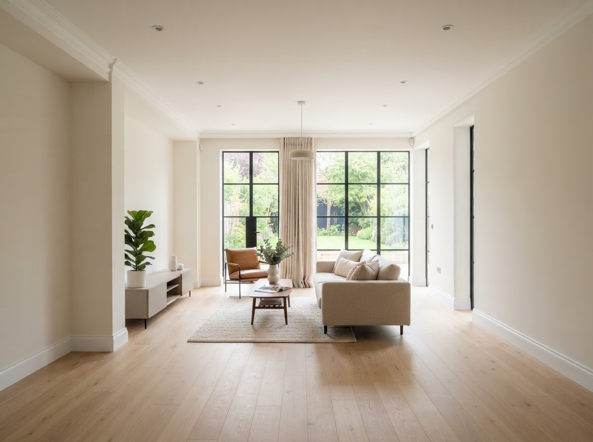Beautifully freshly painted modern residential living room with crisp clean walls