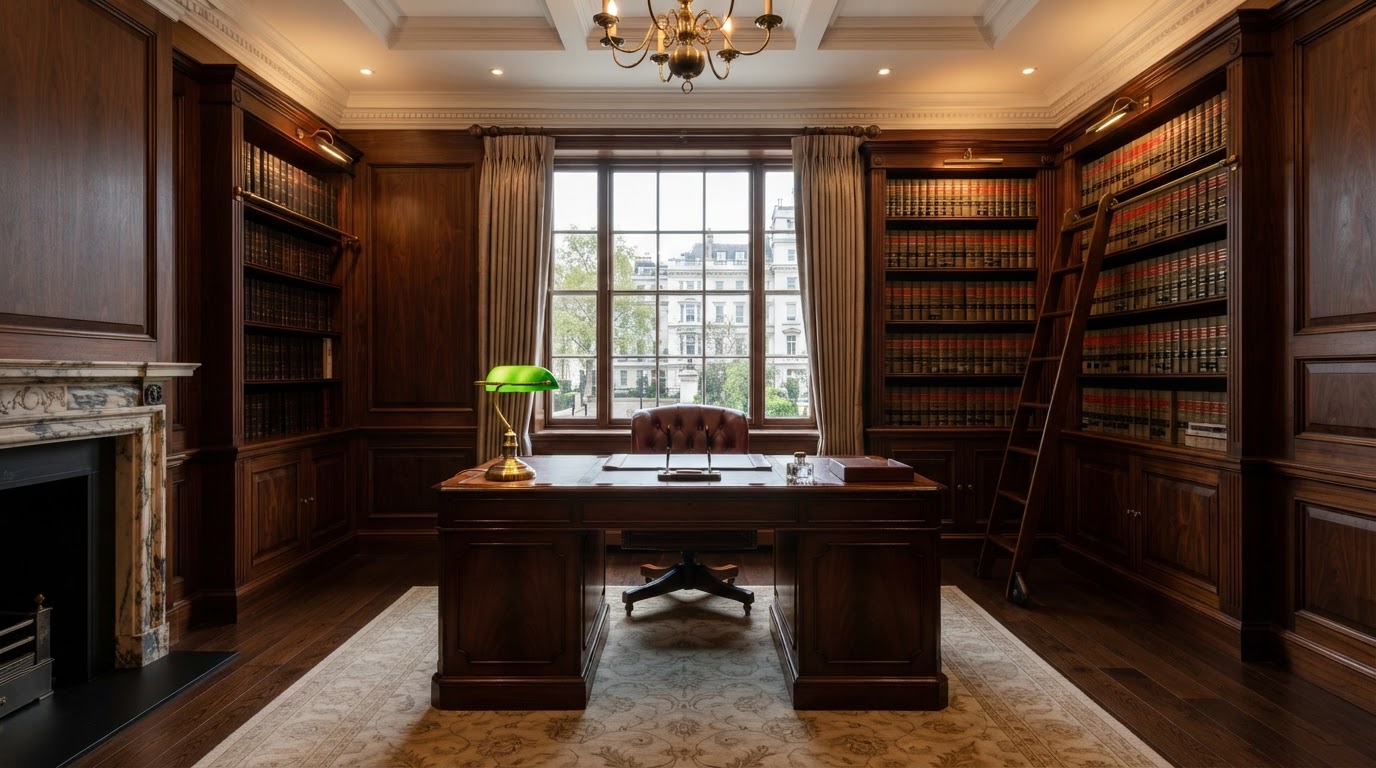 Sophisticated law office interior with wood paneling and legal library