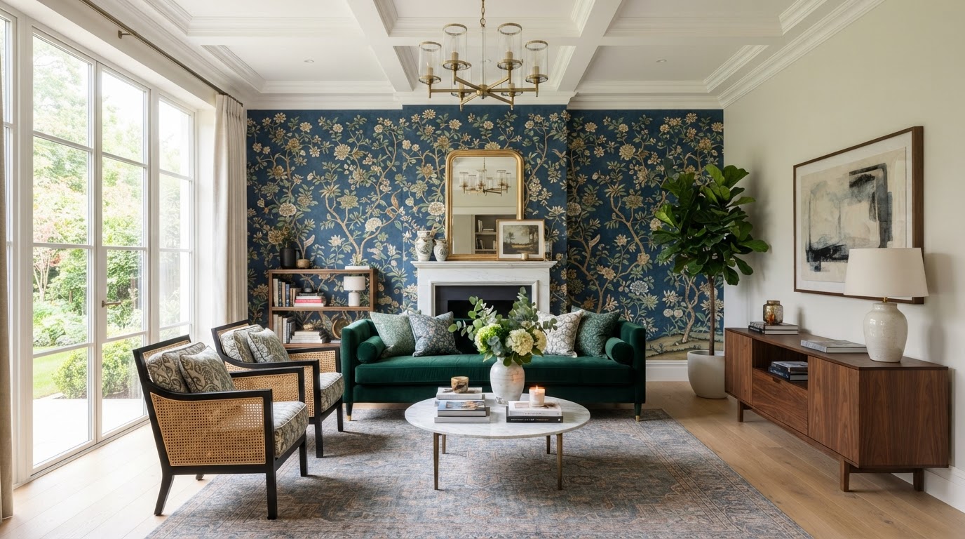 Professionally completed wallpaper installation featured as a statement accent wall in a living room
