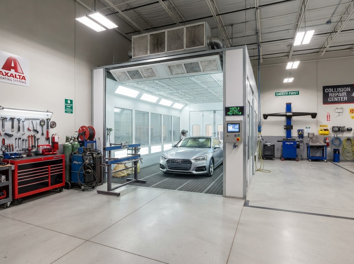 Modern auto body shop and collision repair center interior
