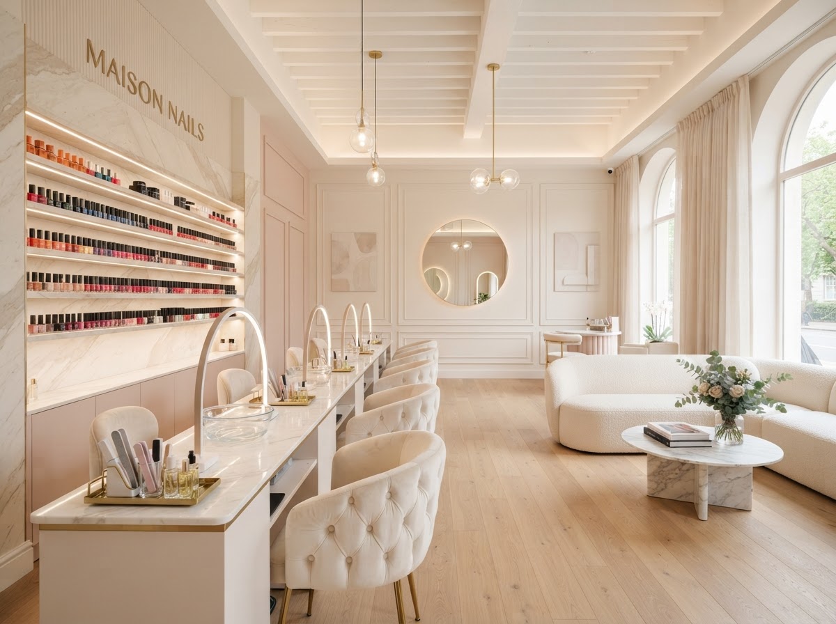 Bright modern nail studio interior with manicure stations