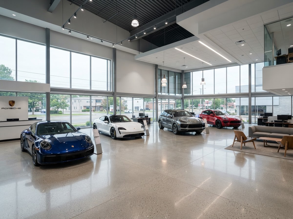 Bright modern car dealership showroom with new vehicles on display