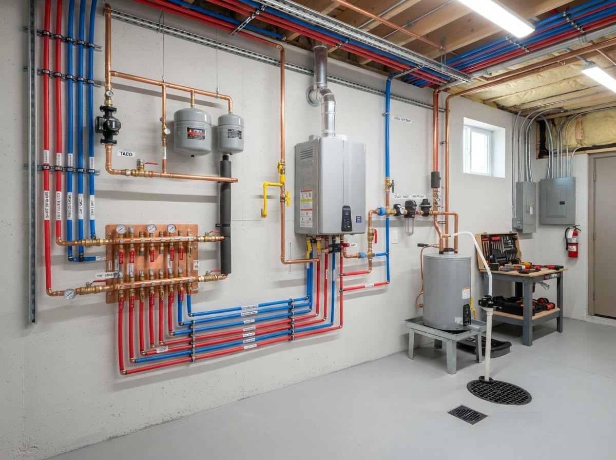 Bright modern plumbing mechanical room with neatly arranged copper pipes and manifolds