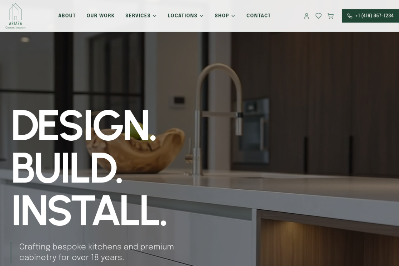 Ariaza Custom Interiors live website homepage