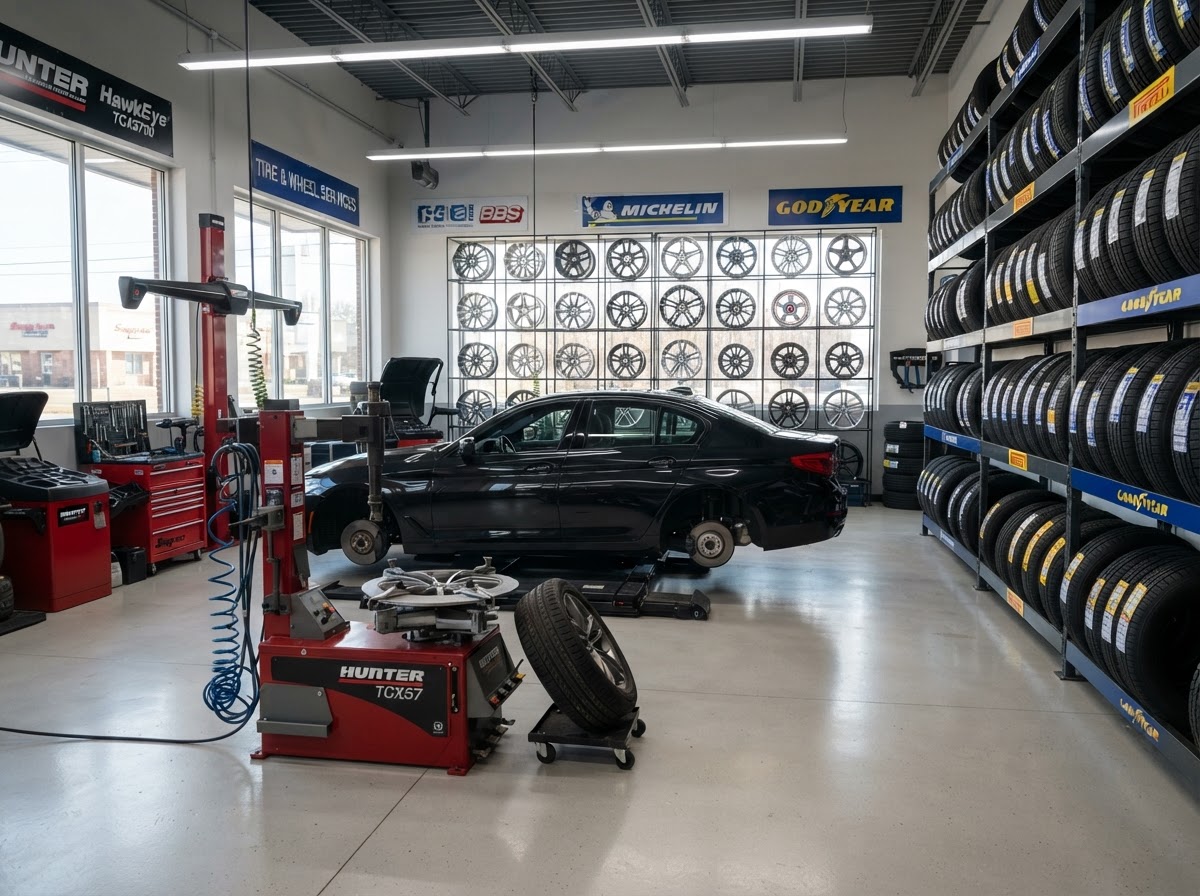 Bright modern tire and wheel shop interior with a vehicle on a tire-changing machine