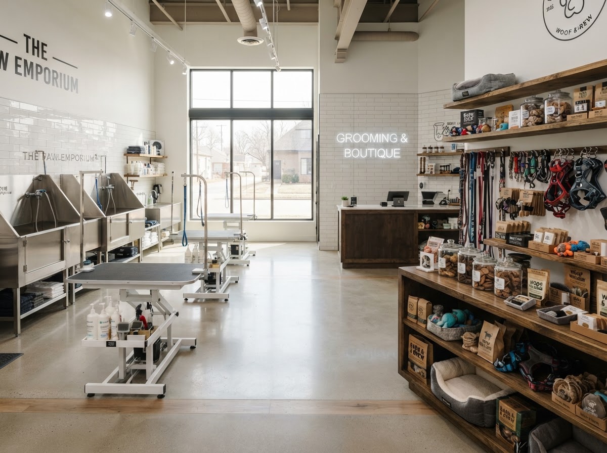Bright premium pet services shop interior with grooming station and accessories