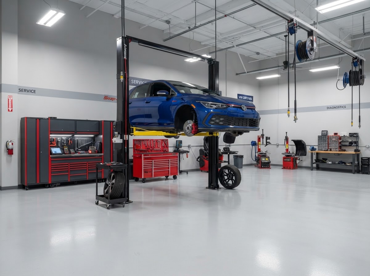 Modern auto repair shop interior with a vehicle on a lift