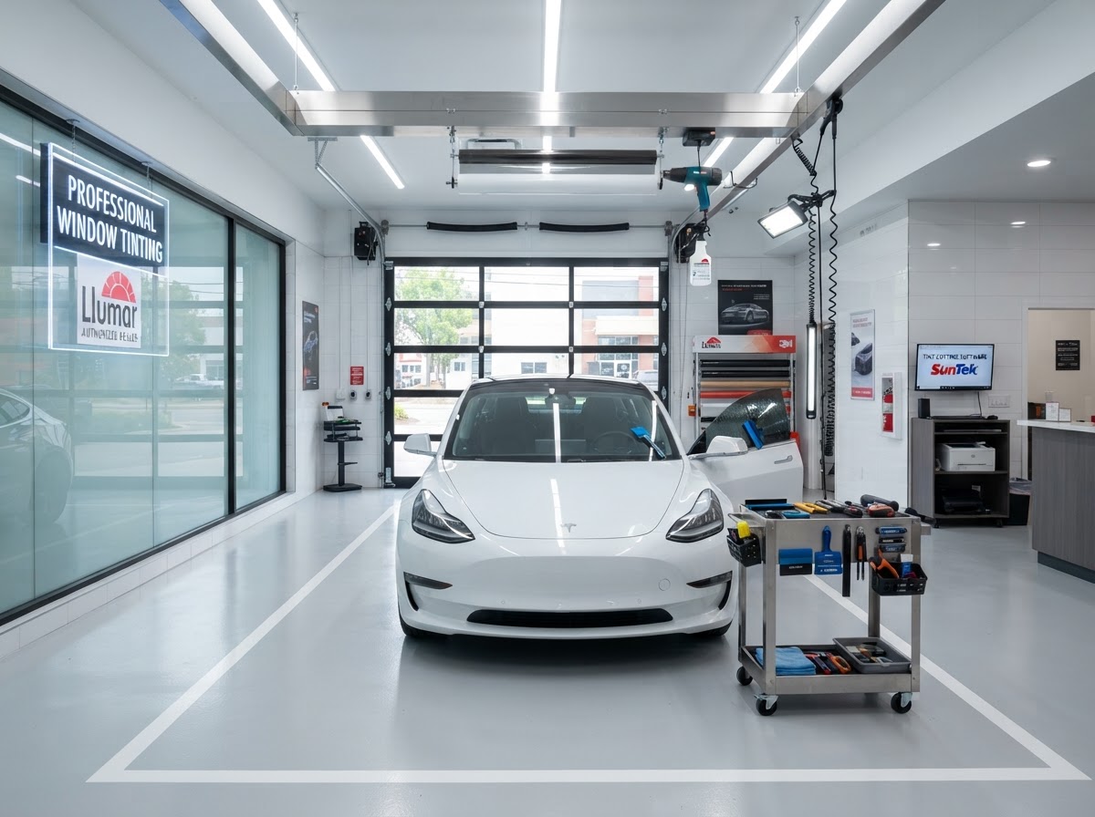 Modern auto glass and window tinting shop interior with a vehicle in a tinting bay