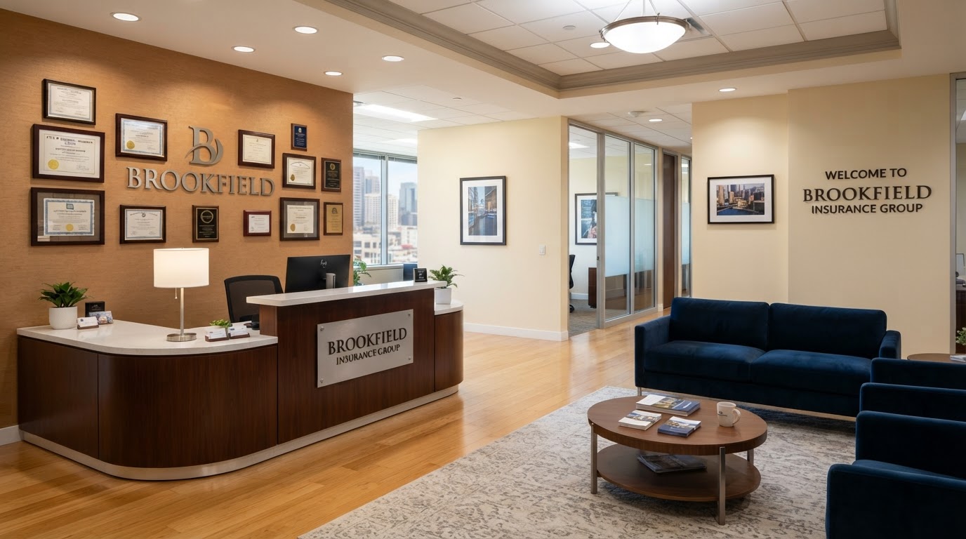Professional insurance broker office reception and meeting area