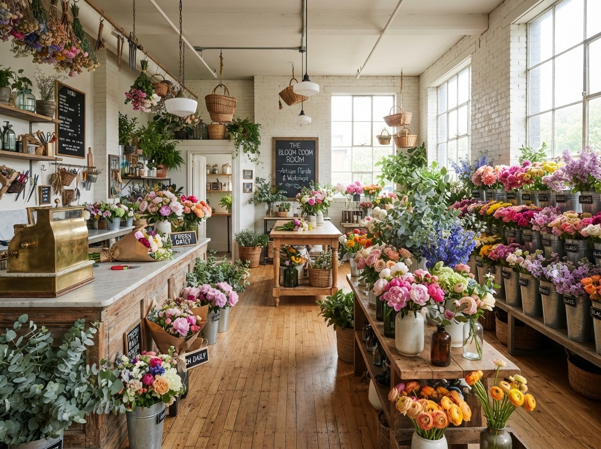 Bright premium florist shop interior with fresh flower arrangements