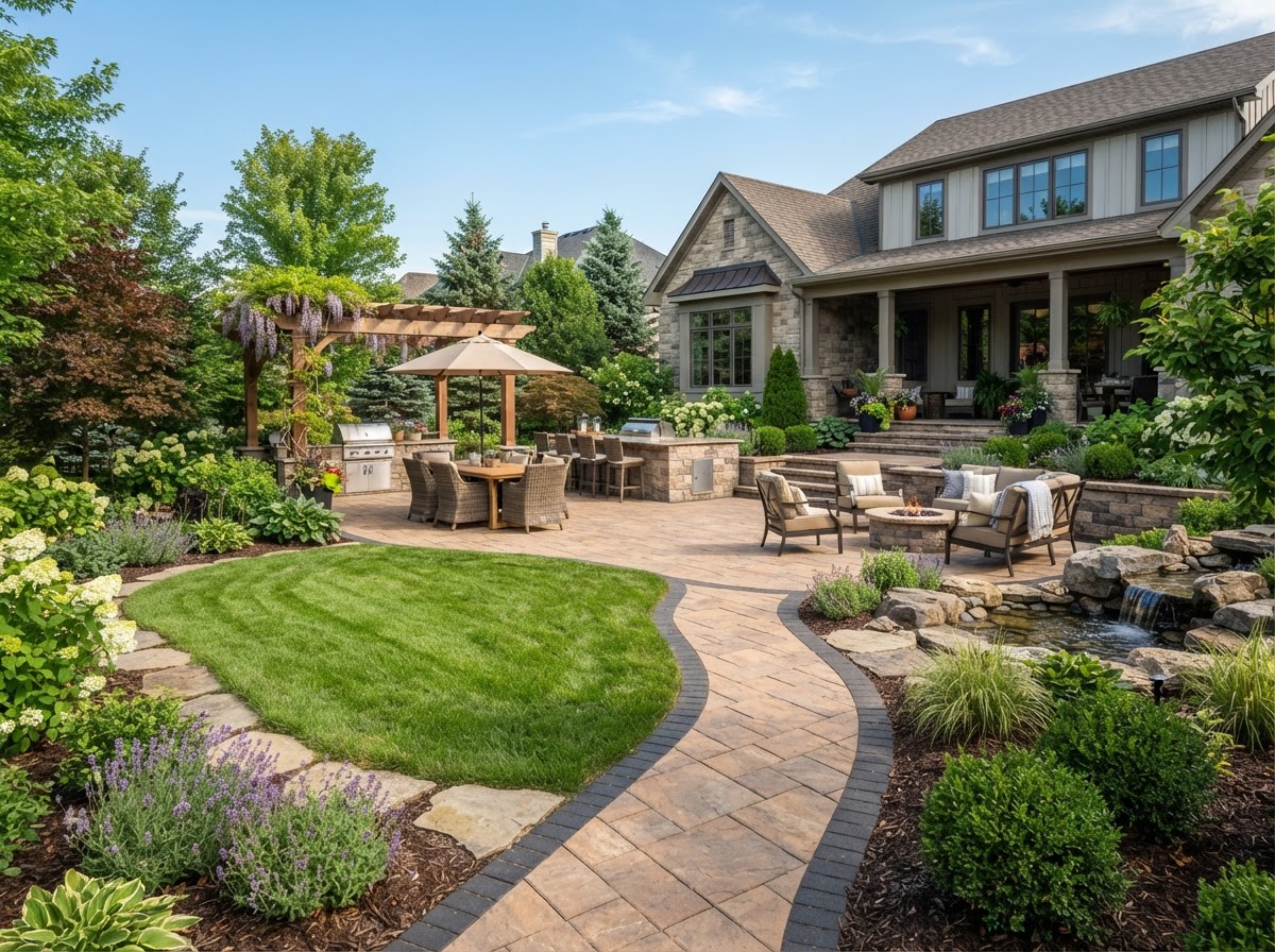 Professionally completed residential landscape with interlocking stonework and garden beds