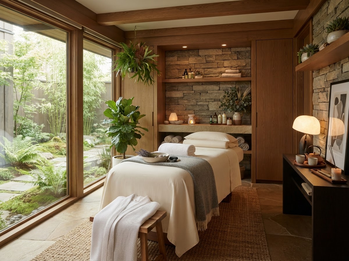 Serene day spa and massage therapy treatment room