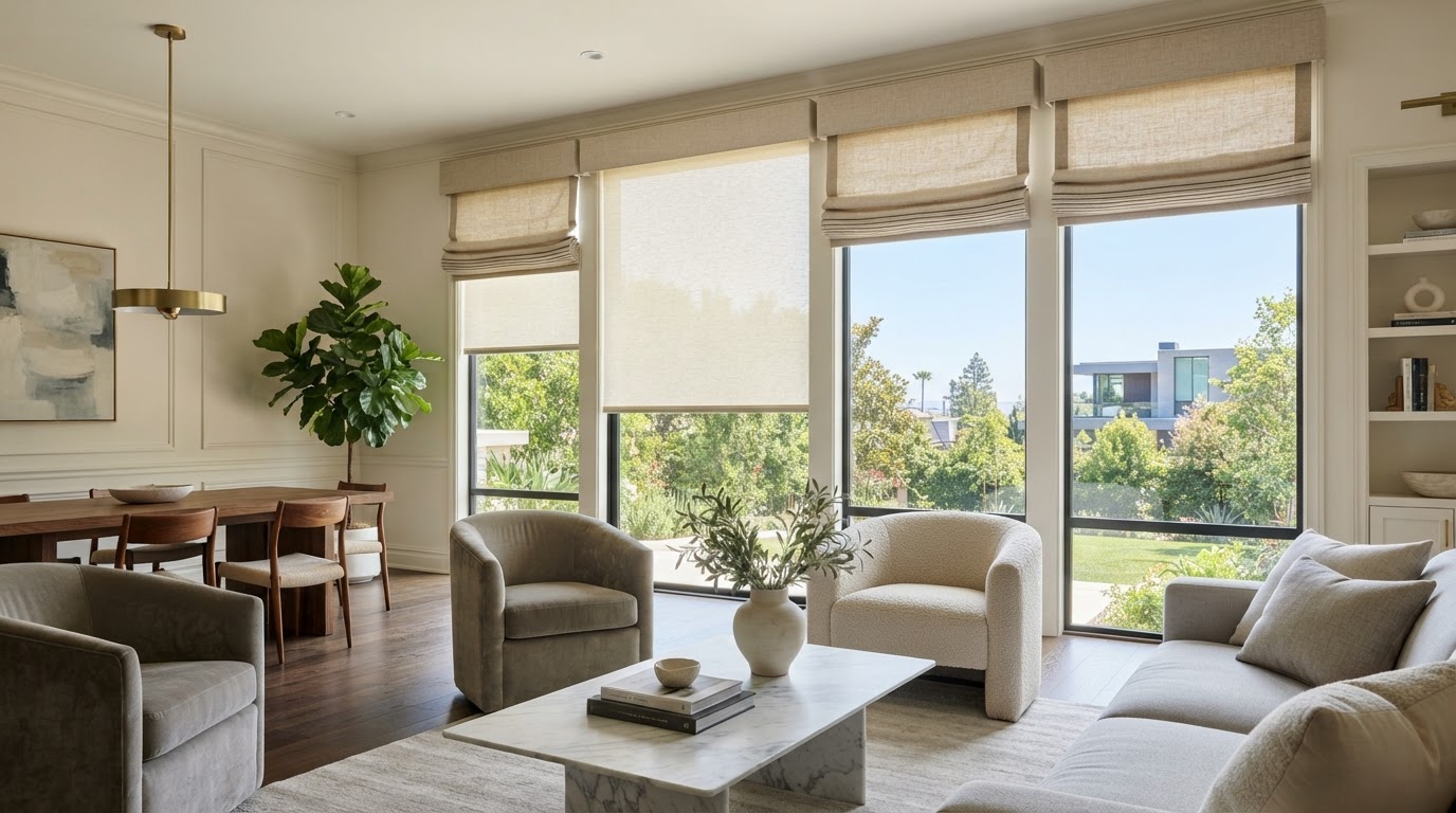 Beautifully completed interior featuring premium motorized roller shades and roman blinds on large windows