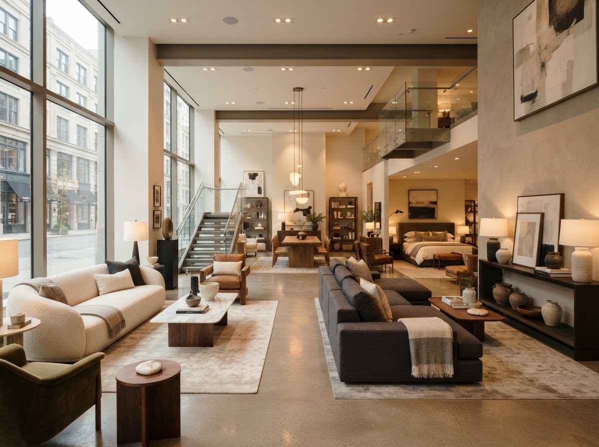 Bright premium furniture and home decor showroom interior