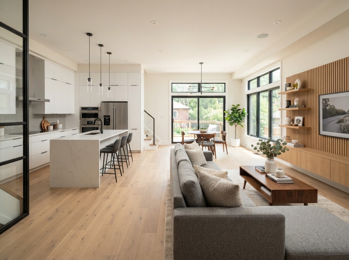 Professionally completed modern home renovation with a finished open-concept kitchen and living space