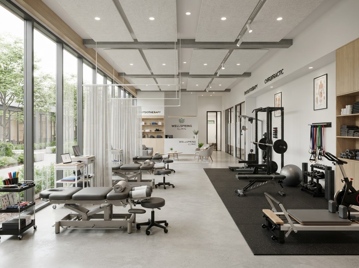 Modern chiropractic and physiotherapy clinic interior with treatment tables