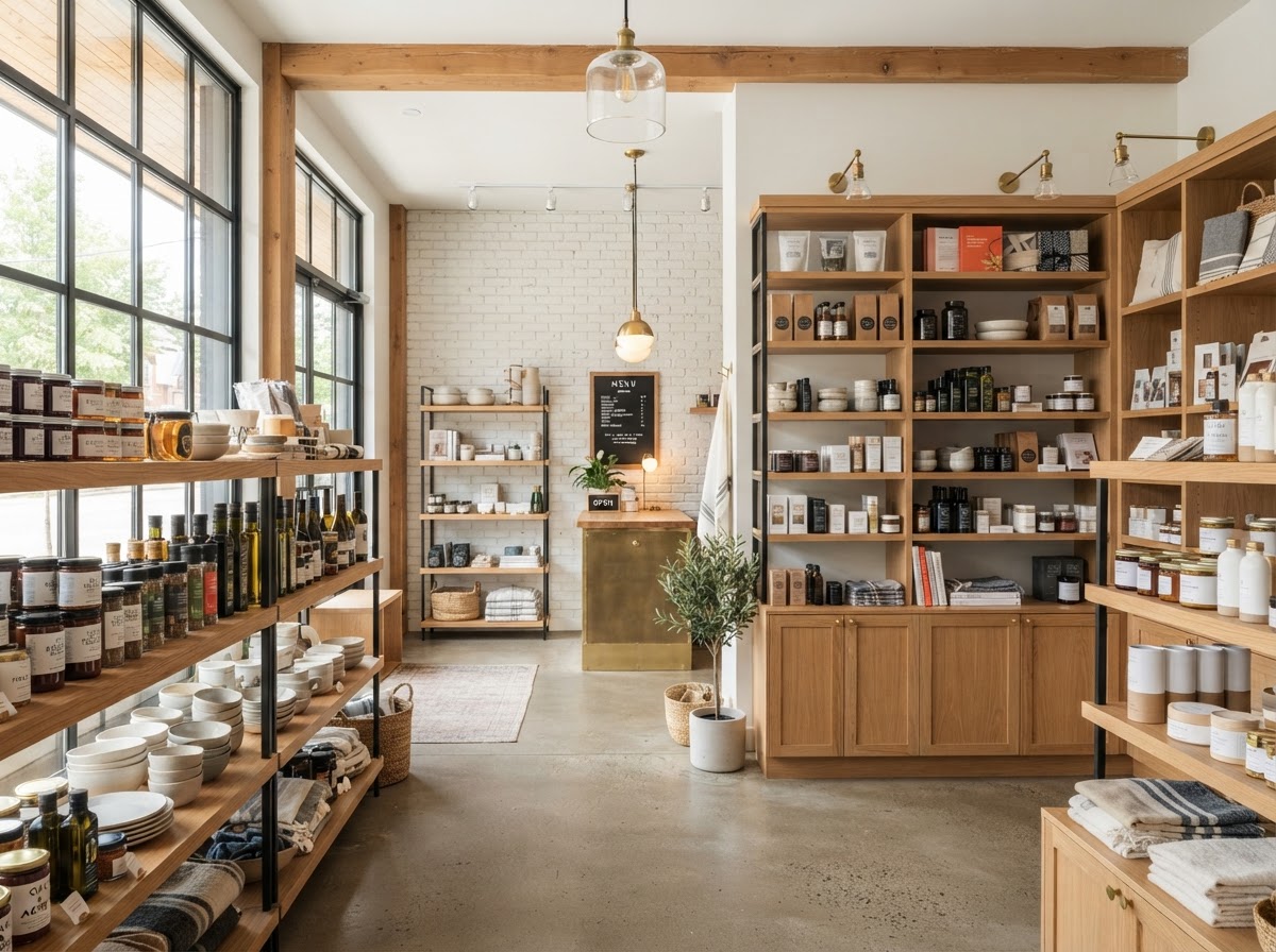 Bright premium specialty local shop interior with curated specialty goods