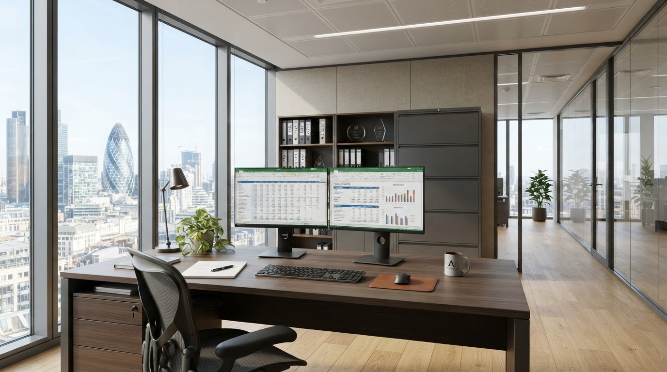 Clean professional accounting office with monitors and organized workspace
