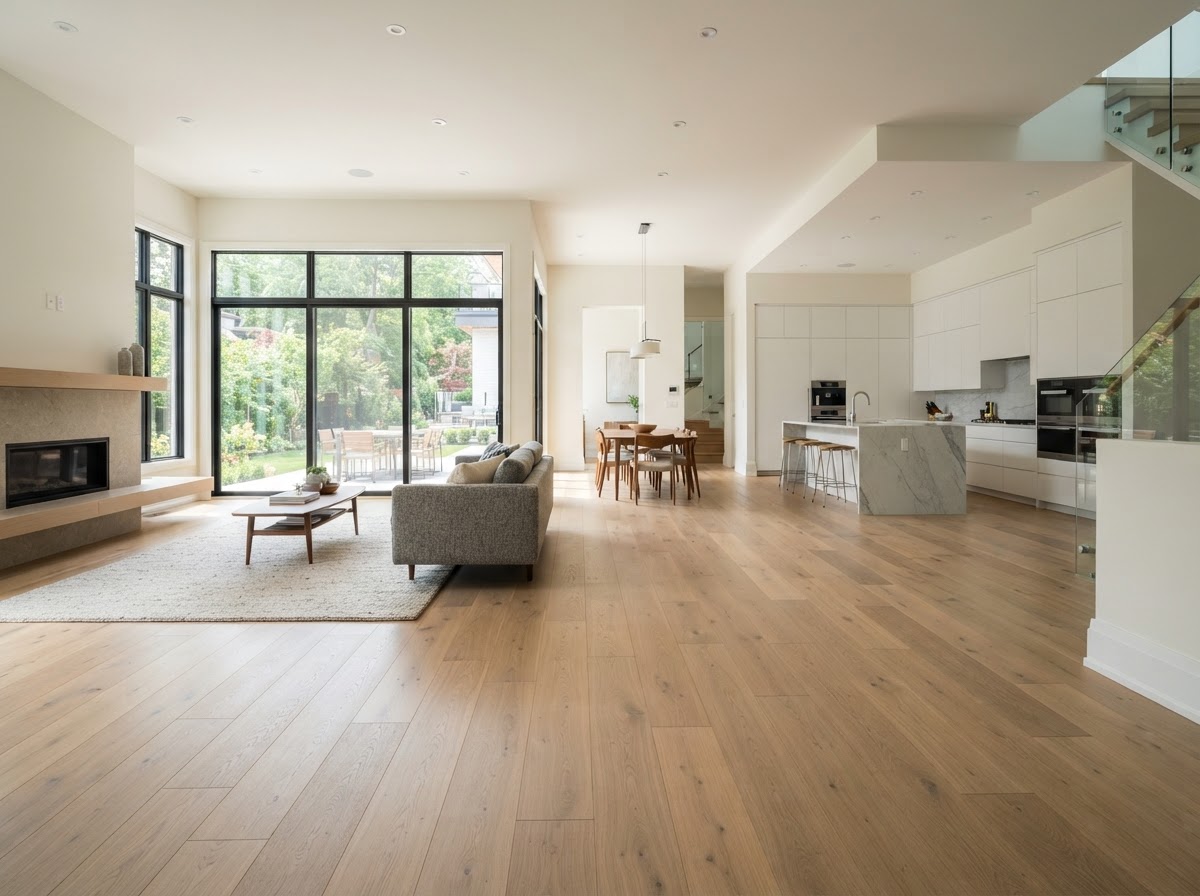 Premium completed hardwood flooring installation in a bright modern home