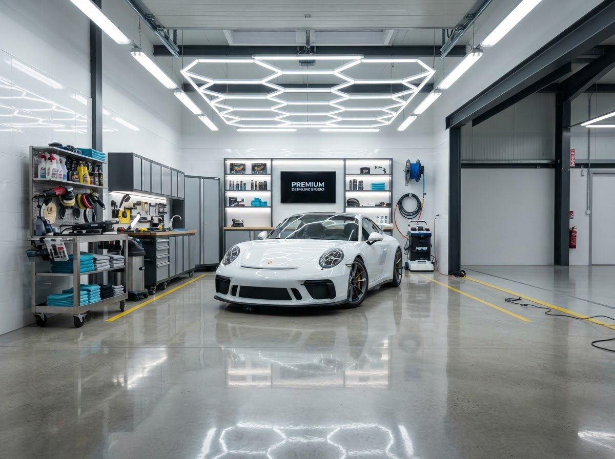 Premium auto detailing studio interior with a car in a bright bay