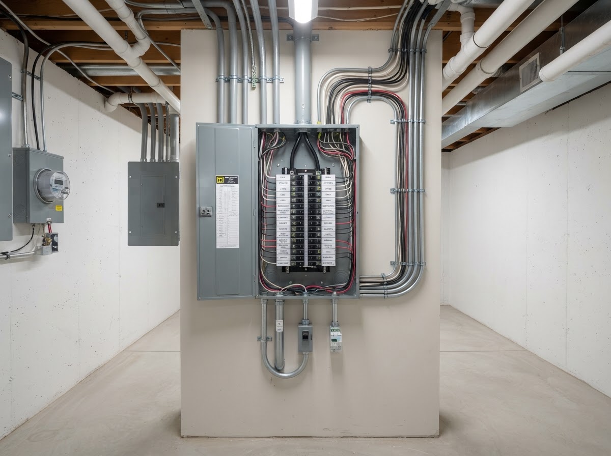 Clean modern electrical panel with neatly organized breakers and wiring