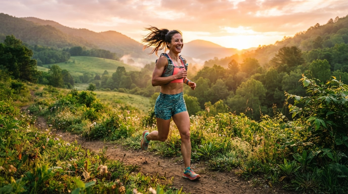 Happy woman running outdoors at sunrise, full of energy — weight loss and wellness