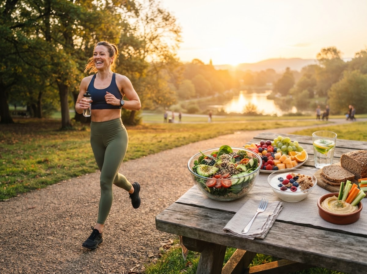 Woman jogging at sunrise with fresh vegetables — weight loss journey
