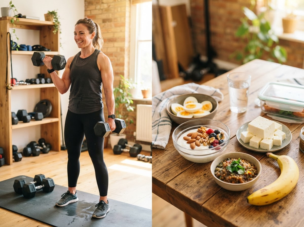 Person strength training with protein-rich whole foods — weight gain journey