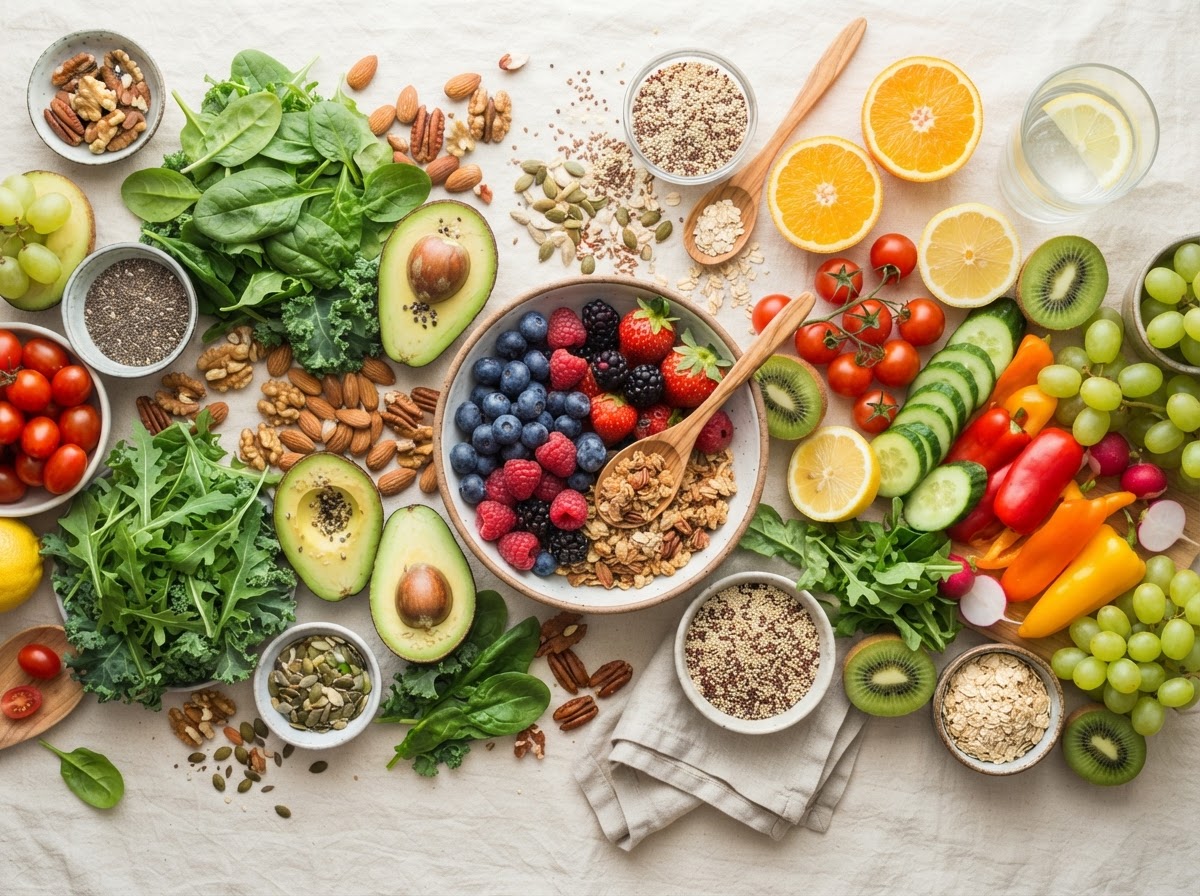 Colorful fresh healthy foods arranged on a cream surface — balanced nutrition
