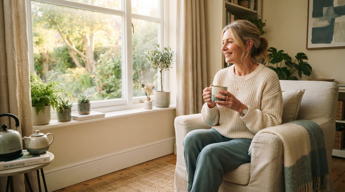 A woman feeling calm and reflective in warm natural light