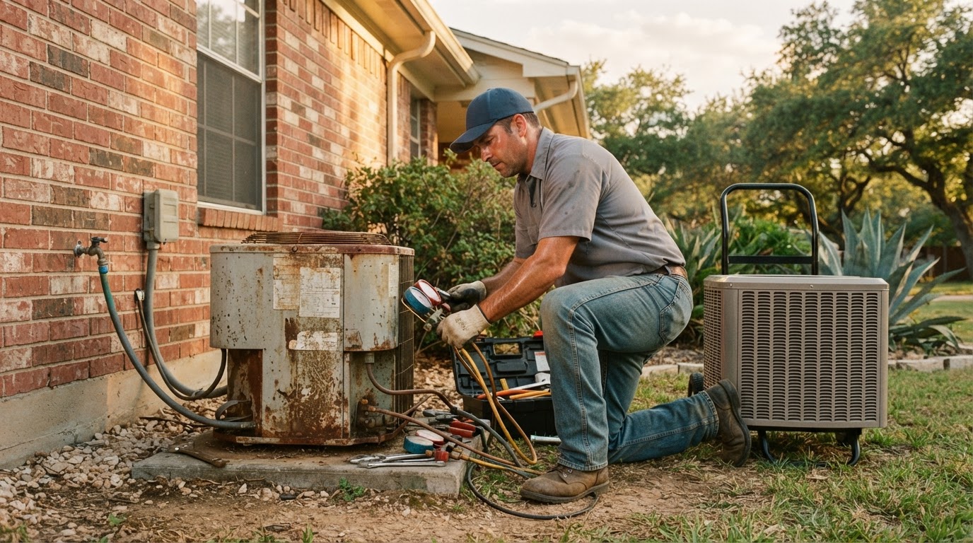 Technician replacing an aging residential HVAC system