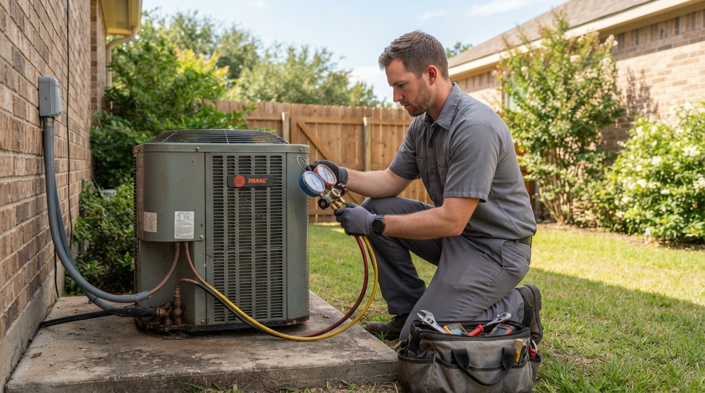 Technician diagnosing an outdoor air conditioning unit