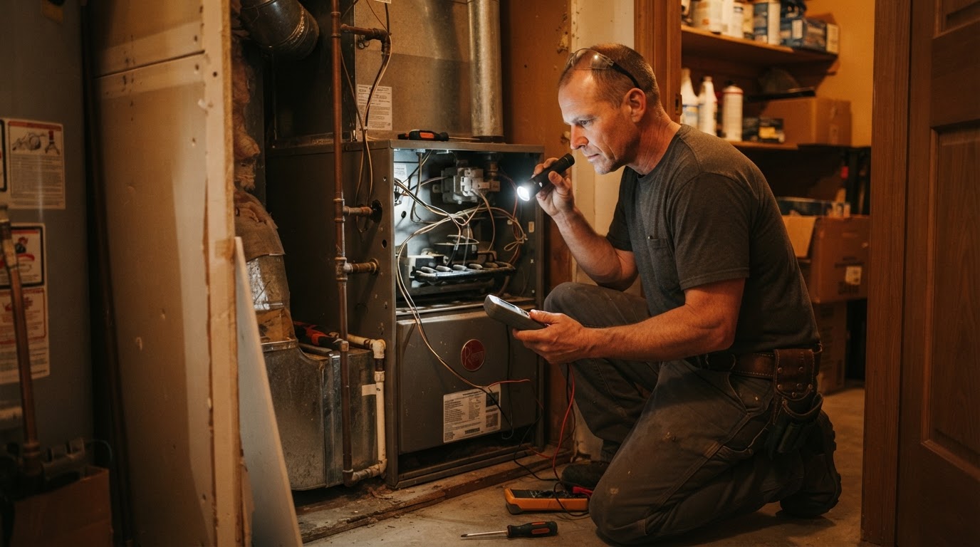 Technician inspecting residential heating equipment