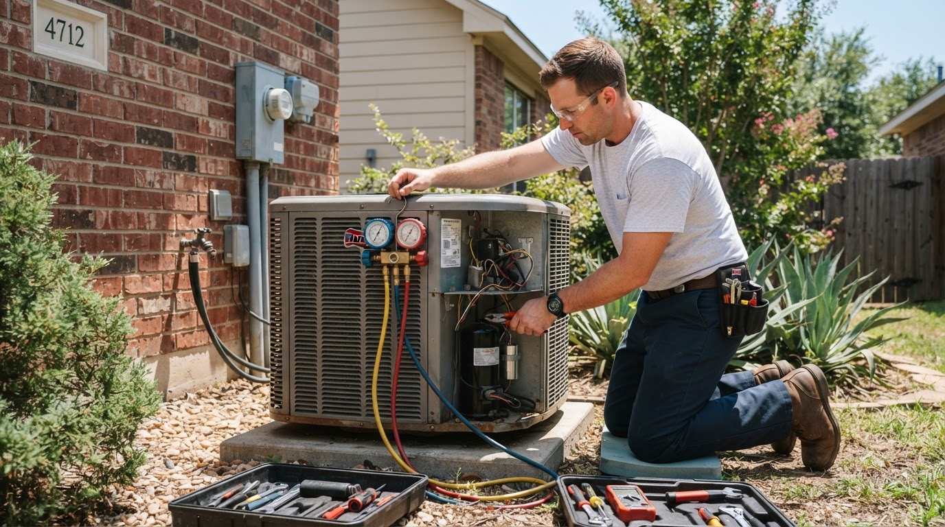 Technician checking HVAC components with diagnostic tools