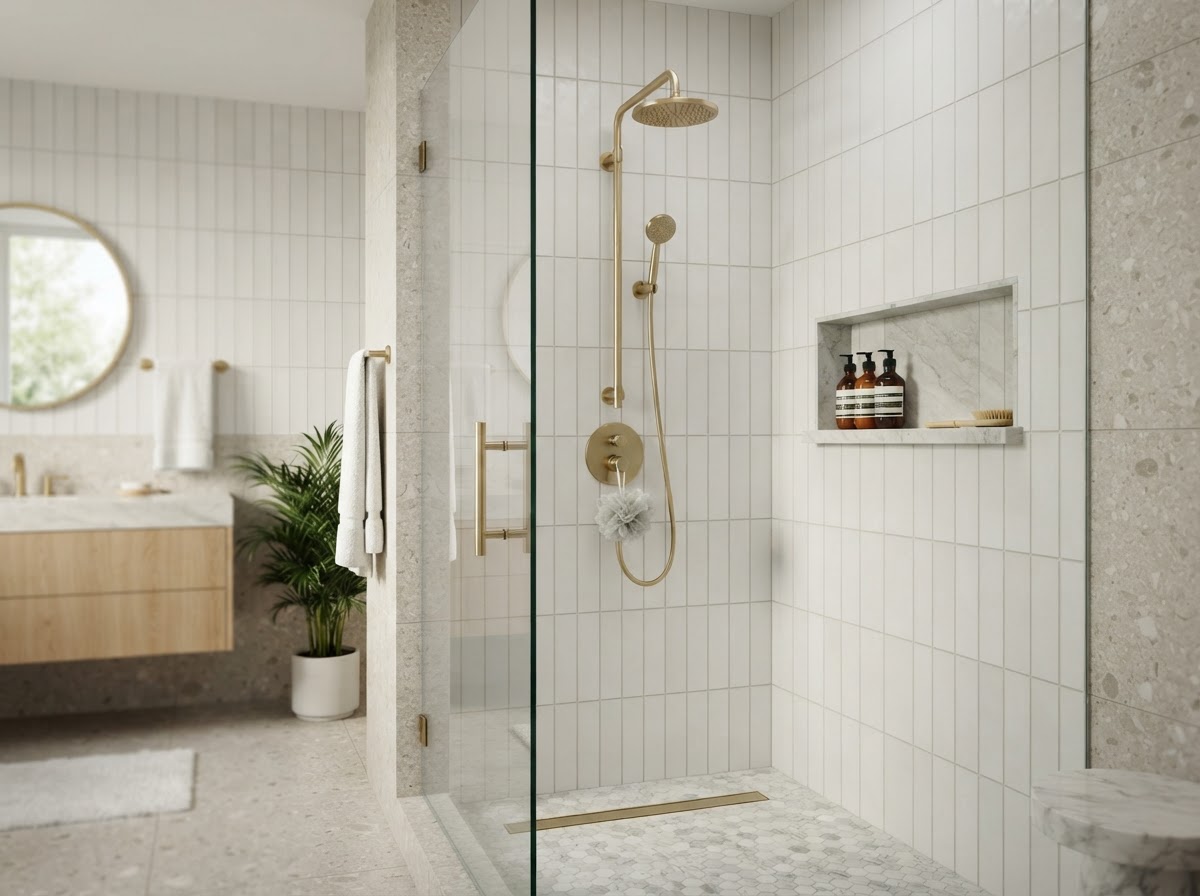 Walk-in shower installation with clean wall system and glass enclosure