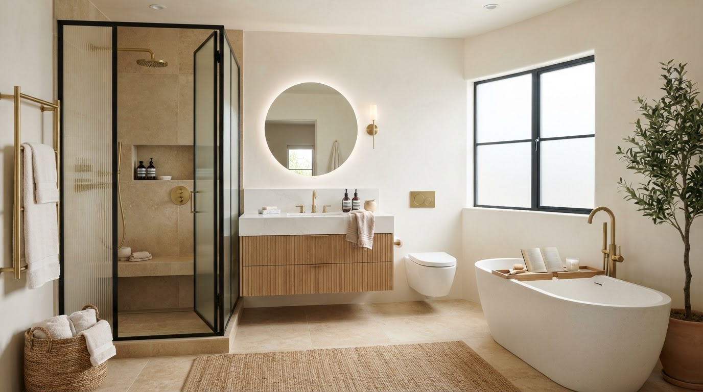 One Day Bath update concept with nonporous wall system and modern glass enclosure