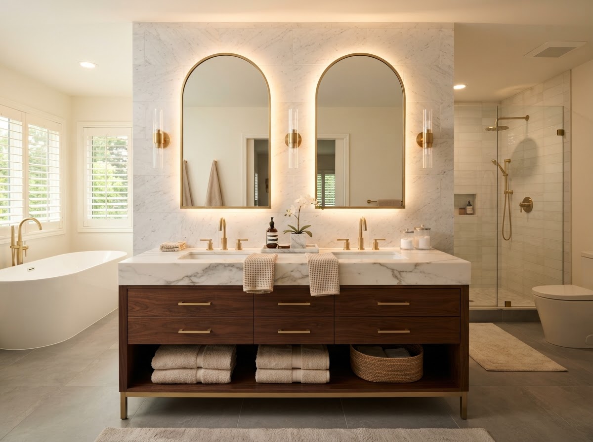 Whole-room bathroom remodeling concept with coordinated vanity, surfaces and fixtures